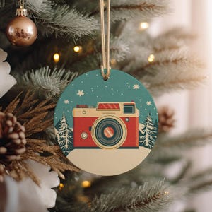 Vintage Camera Ceramic Ornament, Retro-Style Decor, Holiday Memories Keepsake, Circular Design Gift, Photography Lover Present