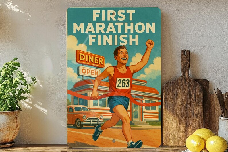Sign Finish Eating First Marathon Finish Retro Metal Sign – Vintage Roadside Diner Style ...