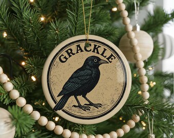 Grackle Ceramic Ornament – Circular Stamp Style Bird Art, Handcrafted Nature Decor, Unique Gift for Bird Lovers