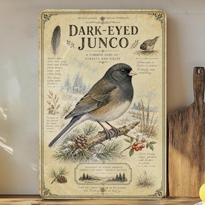 May include: A vintage-style metal sign featuring a Dark-Eyed Junco bird illustration. The sign includes text about the bird's characteristics and habitat, with a beige background and a decorative border. The sign is displayed near a wooden cutting board and lemons.
