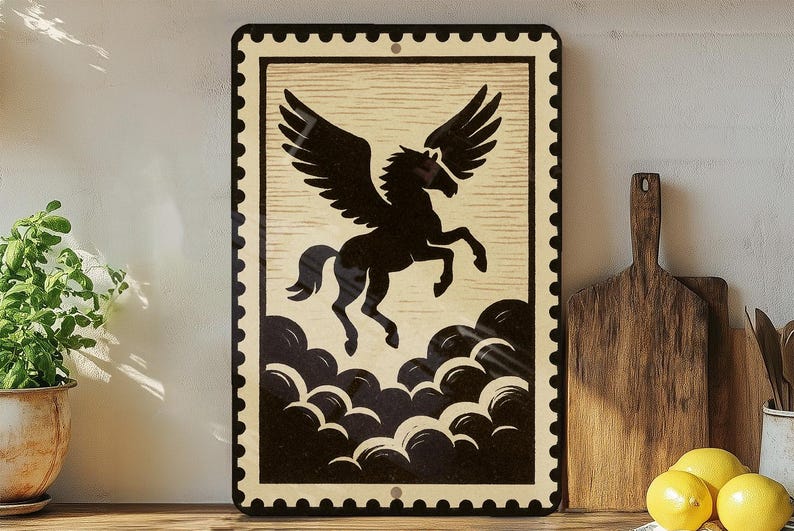 Pegasus Silhouette Metal Sign – Mythical Winged Horse Above Clouds Wall ...