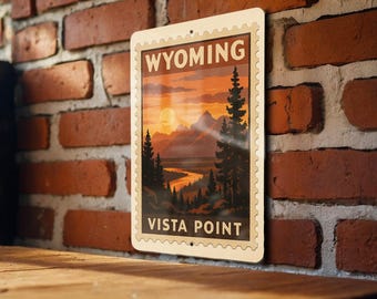 Wyoming Sunset Vista Point Metal Sign – Vintage Stamp Style Wall Art, Rustic Western Home Decor, Travel Souvenir Sign