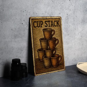 May include: A rectangular metal sign with the words "CUP STACK" at the top. The sign features a stack of six brown coffee cups. The sign has a distressed, vintage look with a wooden texture.