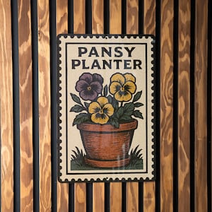 Vintage Pansy Planter Metal Sign – Rustic Garden Wall Decor, Floral Stamp Art, Outdoor Patio or Greenhouse Decoration