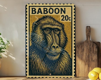 Baboon Metal Sign | Vintage Stamp Style Wall Art | Primate Decor