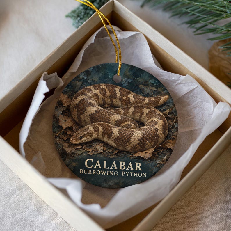 a round ornament with a picture of a Burrowing Python snake.