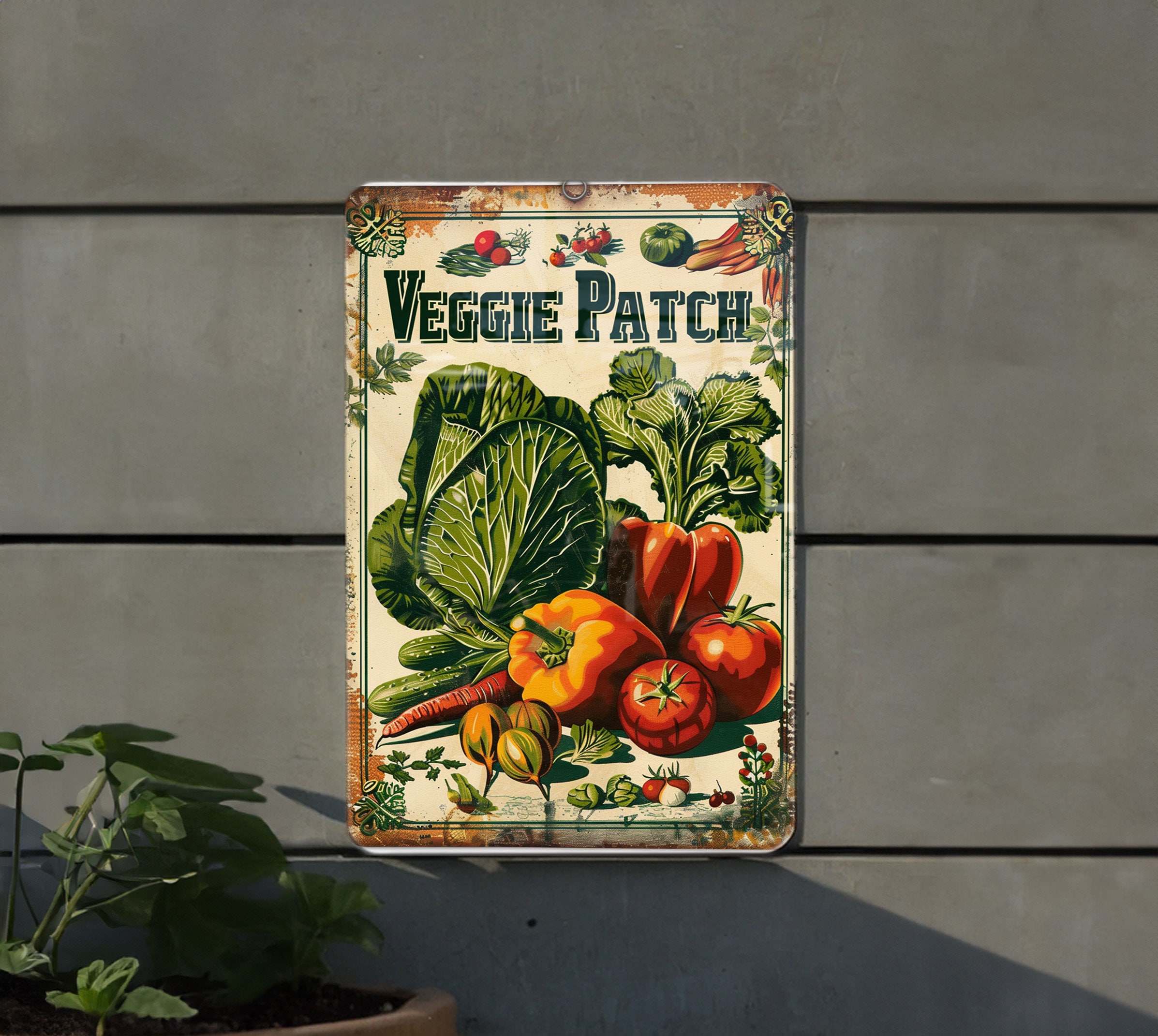 VEGGIE PATCH Vintage Metal Sign, Vegetable Garden, Rustic Font, Natural ...