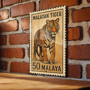 Malayan Tiger Vertical Metal Sign – Vintage Stamp Style Wall Art, Wildlife Home Decor, Rustic Animal Tin Sign for Indoors/Outdoors
