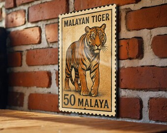 Malayan Tiger Vertical Metal Sign – Vintage Stamp Style Wall Art, Wildlife Home Decor, Rustic Animal Tin Sign for Indoors/Outdoors