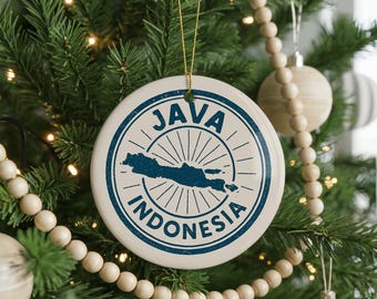 Java Indonesia Ceramic Ornament – Circular Stamp Style Travel Souvenir, Rustic Handmade Holiday Decoration, Cultural Gift Idea