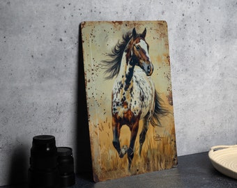 May include: A metal sign featuring a painting of a brown and white spotted horse running through a field of tall grass. The horse has a white blaze on its face and a long flowing mane. The background is a muted yellow with brown and white splatter paint.