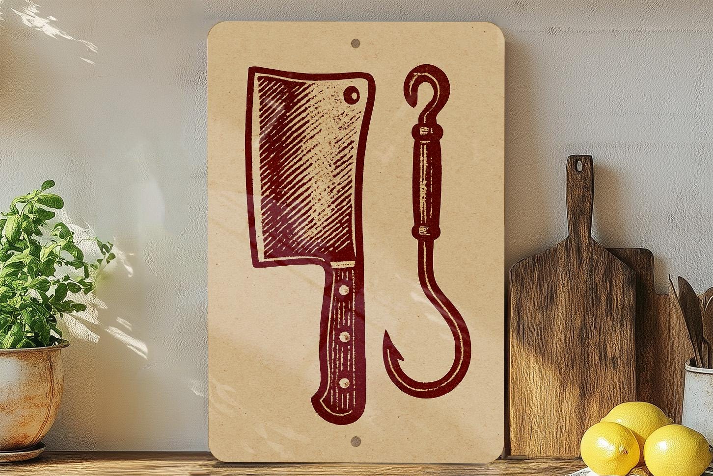 Butcher Cleaver & Hook Metal Sign – Vintage Stamp Style Kitchen Wall ...