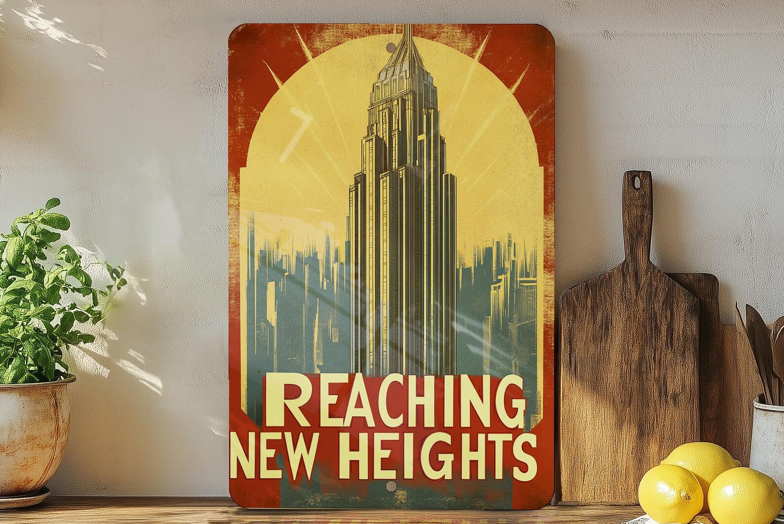 Retro Urban Ascent Metal Sign, Golden Cityscape Art, Industrial Wall