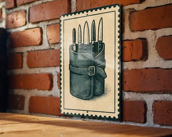 Knife Roll Metal Sign – Vintage Stamp Style Kitchen Wall Art, Butcher Chef Decor, Rustic Culinary Gift for Food Lovers
