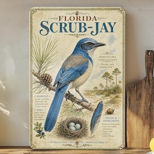 May include: A vintage-style metal sign featuring a Florida Scrub-Jay illustration. The bird is depicted with blue and gray plumage, perched on a branch with a nest and feather. Text includes "Florida Scrub-Jay" and scientific details.