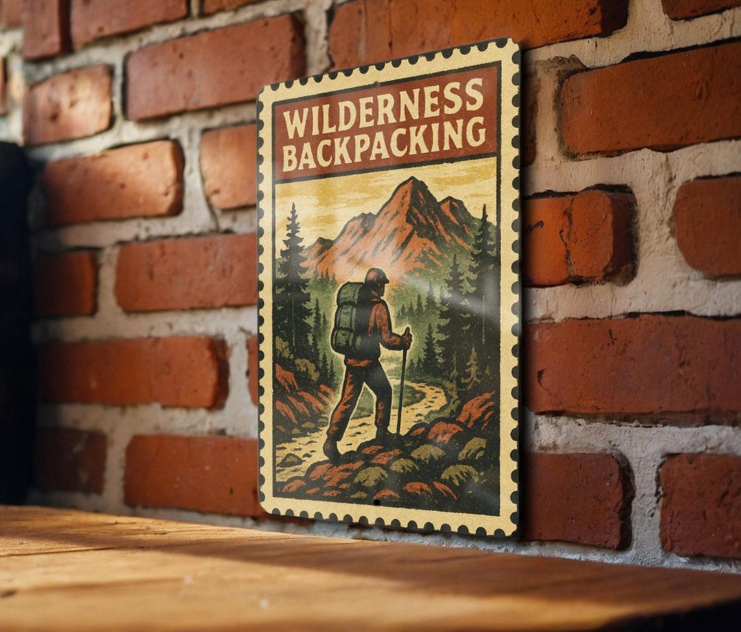 Backpacking Sign Wilderness Backpacking Metal Sign – Vintage Stamp Style Wall Art for ...