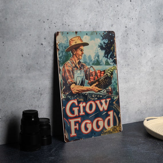 Vintage Farmhouse Decor, Aluminum Metal Sign, Farmer Grow Food, Rustic Wall Art, Country Kitchen Display