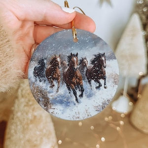 Wild Horses Snowy Meadow Ceramic Ornament, Winter Decor, Horse Lover Gift, Christmas Tree Ornament, Animal Art Decoration
