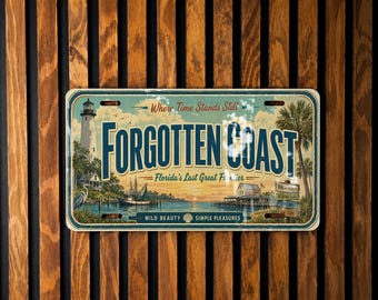 Retro Forgotten Coast License Plate, Florida Gulf Coast Souvenir Tag, Coastal Beach Travel Keepsake Decor