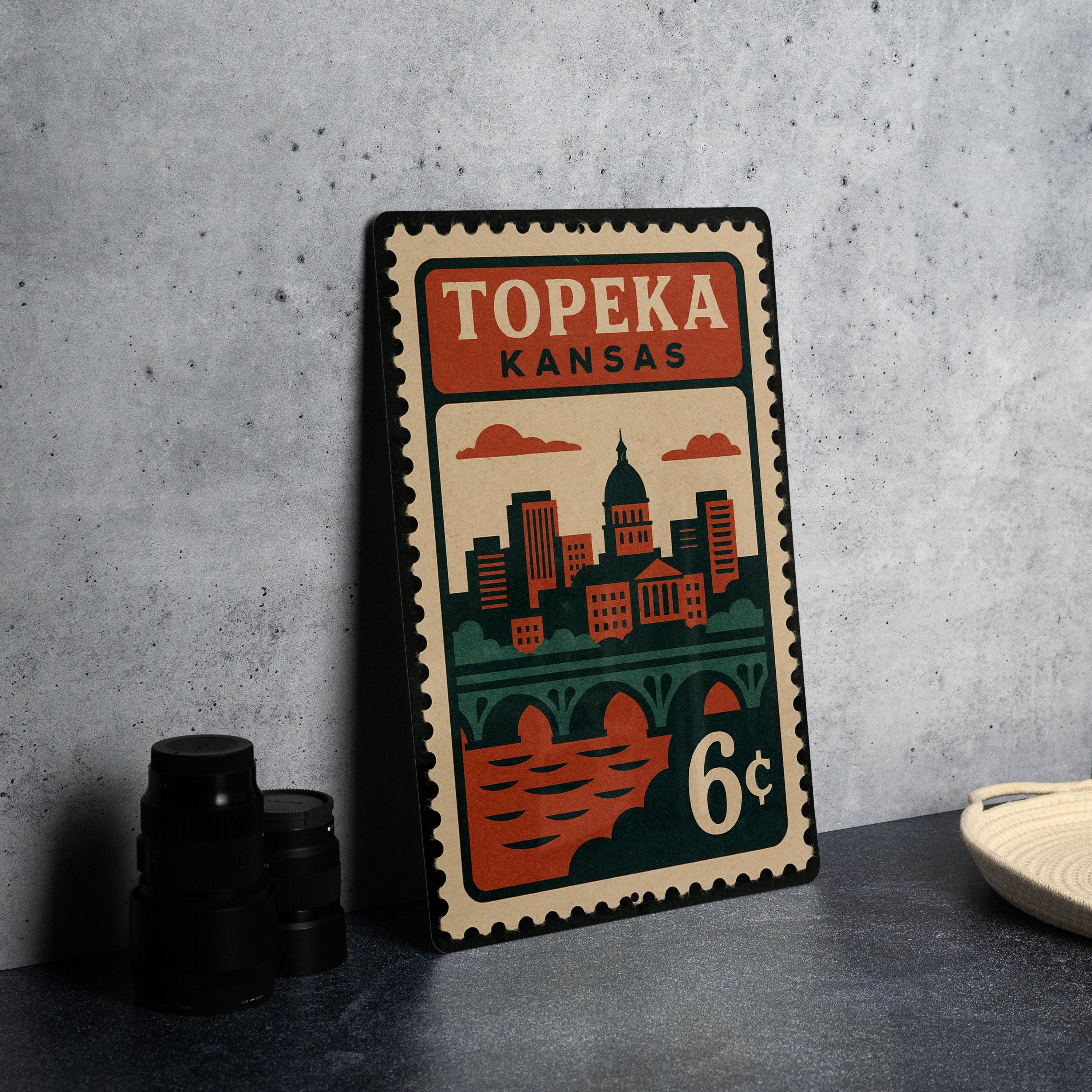 Topeka Kansas Metal Sign – Retro Postage Stamp Design Featuring City ...