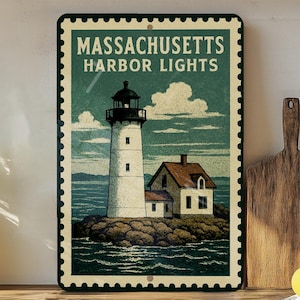 May include: Vintage-style metal sign featuring a lighthouse and a small house on a rocky island, with the text "MASSACHUSETTS HARBOR LIGHTS." The sign has a distressed look with a dark green border, evoking a classic travel poster.