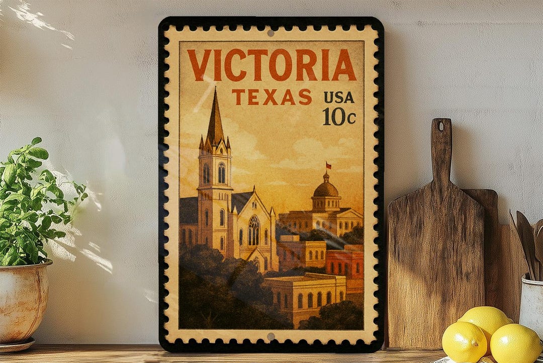 Victoria Texas Sign Victoria Texas Postage Stamp Metal Sign – Vintage-inspired Texas Town ...