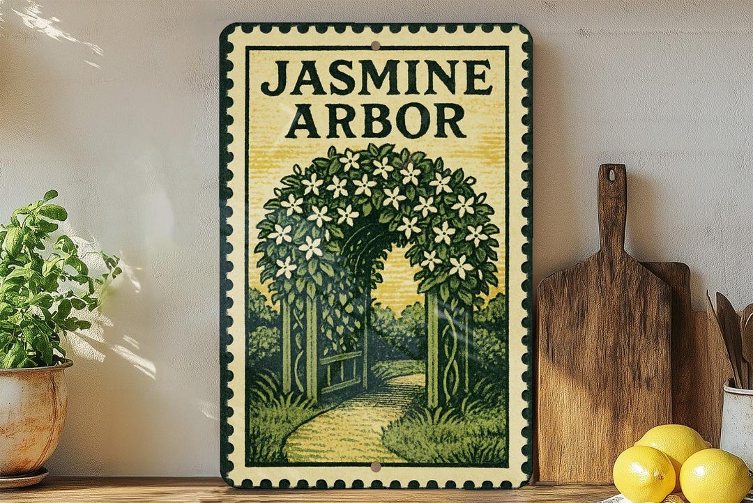 Jasmine Arbor Metal Sign – Vintage Stamp Style Wall Art, Rustic Garden ...