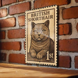 British Shorthair Cat Metal Sign – Vintage Stamp Style Wall Art, Retro Tin Poster for Cat Lovers, Rustic Home Decor Gift