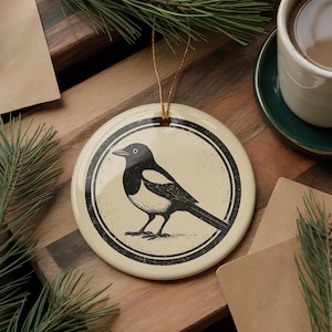 Magpie Ceramic Ornament – Circular Stamp Style Bird Art, Black and White Hanging Decoration, Nature Lover Gift