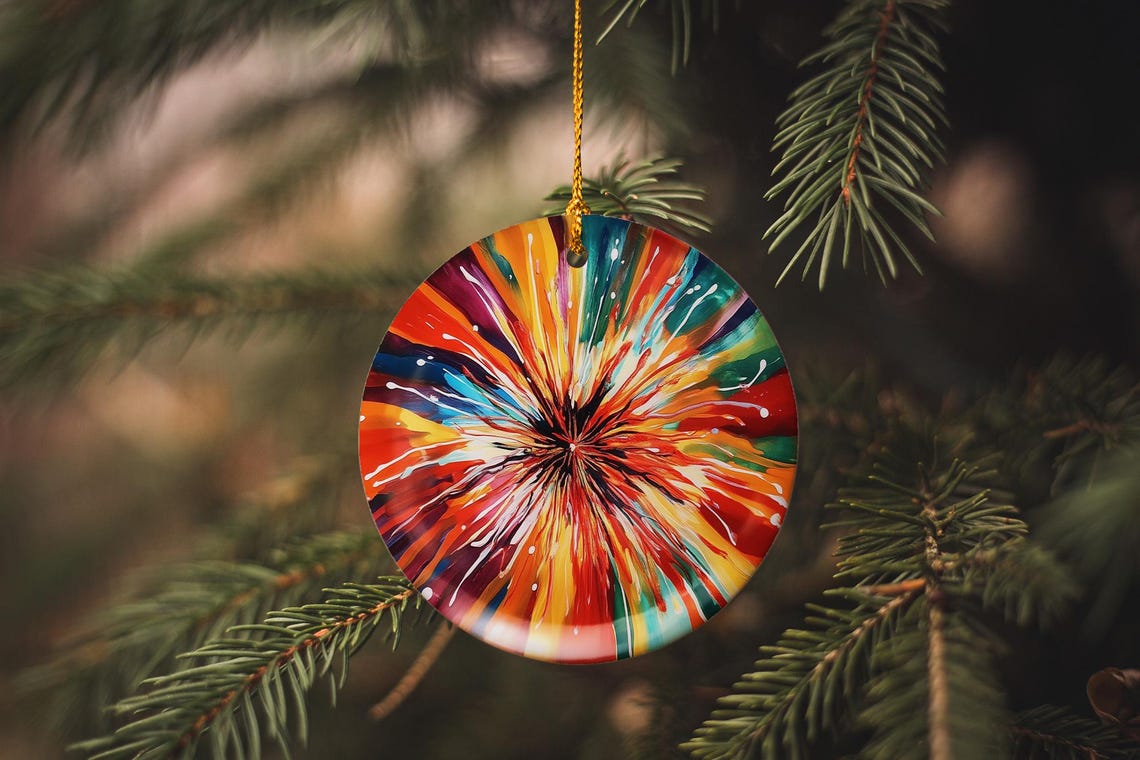 Circular Ceramic Ornament, Abstract Fireworks Design, Unique Home Decor