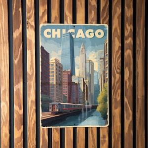 May include: A vintage-style metal sign featuring a Chicago cityscape with the word "CHICAGO" at the top. The artwork depicts skyscrapers, a train, and a river, set against a blue sky. The sign is mounted on a wooden slatted wall.
