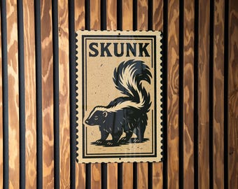 Skunk Metal Sign  – Rustic Stamp Style Wall Art for Garage, Man Cave, Cabin, Bar Decor, Animal Tin Sign