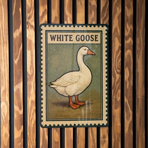 White Goose Stamp Style Metal Sign – Vintage Farmhouse Wall Art, Rustic Country Kitchen Decor, Barnyard Animal Sign