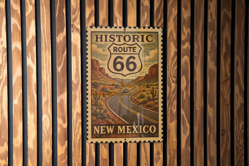 A vintage-style poster of the historic Route 66 in New Mexico, featuring a winding road and desert landscape.