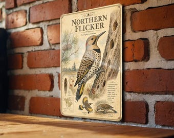Northern Flicker Metal Sign Vintage Natural History Bird Plate with Scientific Name Range Map Habitat Notes Cabin Lodge Wall Decor