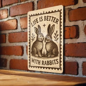 Life Is Better with Rabbits Metal Sign – Vintage Stamp Style Bunny Wall Art, Rustic Rabbit Home Decor, Farmhouse Animal Sign