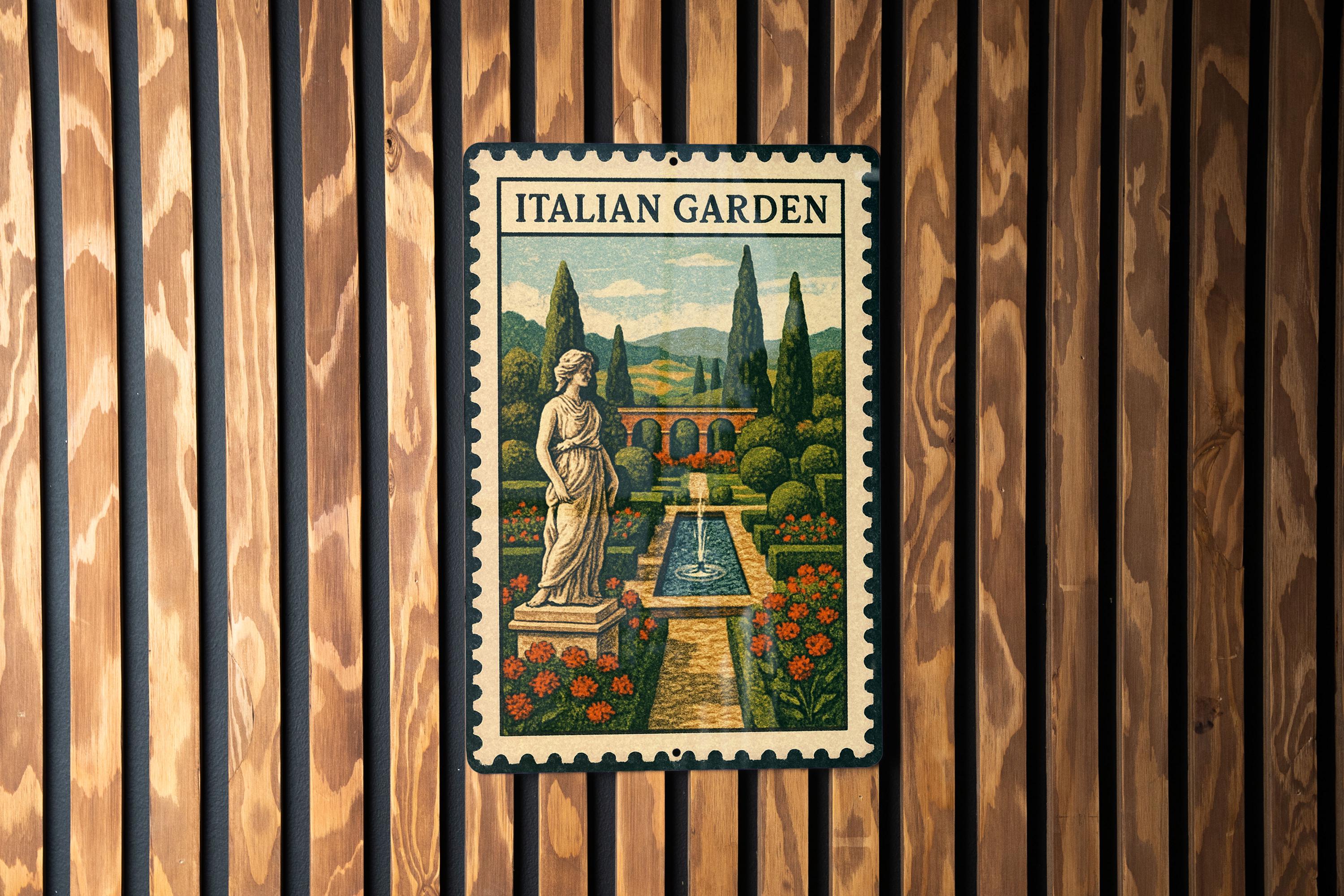Italian Garden Metal Sign – Vintage Stamp Style Wall Art, Rustic