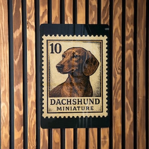 Vintage Dachshund Miniature Metal Sign – Retro Stamp Style Dog Wall Art for Home, Porch, or Pet Lovers Decor