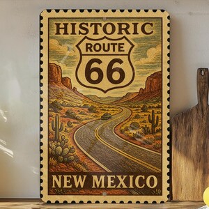 a vintage-style road sign for Historic Route 66, which is located in New Mexico.