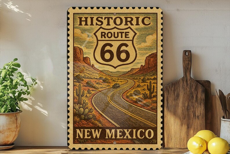 a vintage-style road sign for Historic Route 66, which is located in New Mexico.