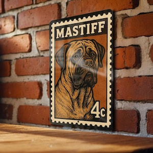 Mastiff Dog Metal Sign  – Vintage Stamp Style Wall Art for Home, Kennel, Man Cave, Pet Lover Decor