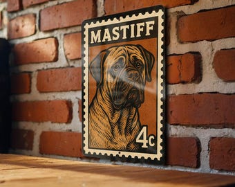 Mastiff Dog Metal Sign  – Vintage Stamp Style Wall Art for Home, Kennel, Man Cave, Pet Lover Decor