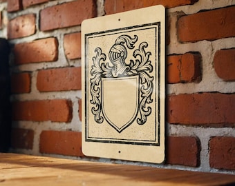Custom Heraldic Crest Metal Sign – Vintage Blank Coat of Arms Wall Art, Rustic Family Emblem Stamp Style Decor