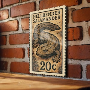 May include: A vintage-style metal sign resembling a postage stamp, featuring a detailed illustration of a Hellbender Salamander. The sign is in shades of brown and tan, with the text "HELLBENDER SALAMANDER" and "20¢". The sign is displayed against a brick wall.