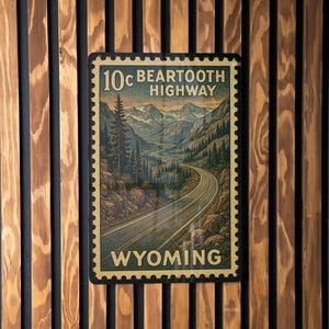 Beartooth Highway Wyoming Vintage Stamp Style Metal Sign, Scenic Mountain Road Travel Souvenir Wall Decor, Outdoor Adventure Sign