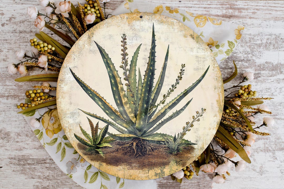 Timeless Agave Round Metal Sign, Vivid Green Spikes, Rustic Earthy ...