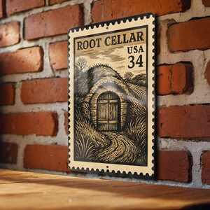 May include: A vintage-style metal sign featuring a black and white illustration of a root cellar entrance. The sign has a postage stamp design with the words "ROOT CELLAR USA 34". The sign is mounted on a brick wall.