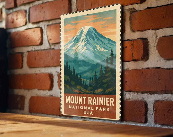 Mount Rainier National Park Metal Sign – Vintage Stamp Style Wall Art, Rustic Outdoor Decor, National Parks Collectible