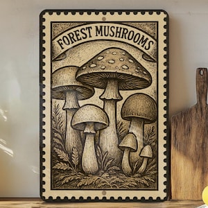Forest Mushrooms Metal Sign – Vintage Botanical Wall Art, Rustic Stamp Style Decor for Kitchen, Cabin, or Garden Shed