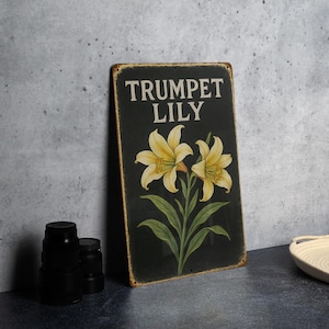 May include: A rectangular metal sign with the words "TRUMPET LILY" in white lettering. The sign features a botanical illustration of two yellow trumpet lilies with green leaves against a black background. The sign has a distressed, vintage look.